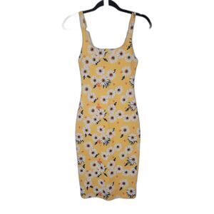 Zara Yellow Daisy Print Bodycon Midi Dress